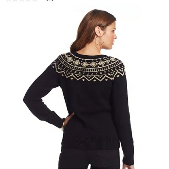 Chaps Classic Petite Lurex Geometric Print Long Sleeve Black Cream Sweater - Picture 10 of 10